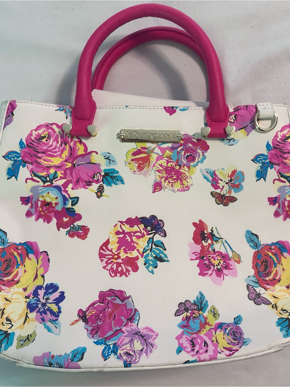 Betsey Johnson White Floral Tote with Pink Handles